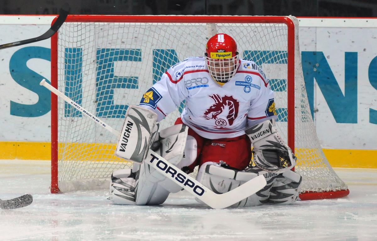 Martin Vojtek v hokejové bráně Ocelářů Třinec.